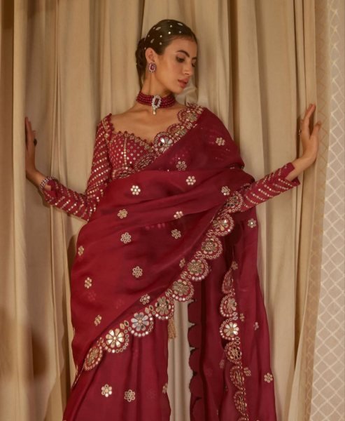 Wine Satin Georgette Saree with Heavy Mirror Work and Designer Blouse Perfect for Party Glam Georgette Sarees Wholesale