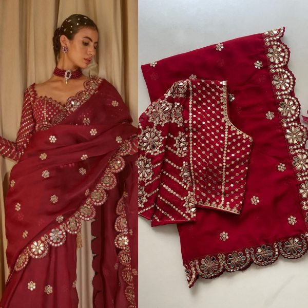 Wine Satin Georgette Saree with Heavy Mirror Work and Designer Blouse Perfect for Party Glam Georgette Sarees Wholesale