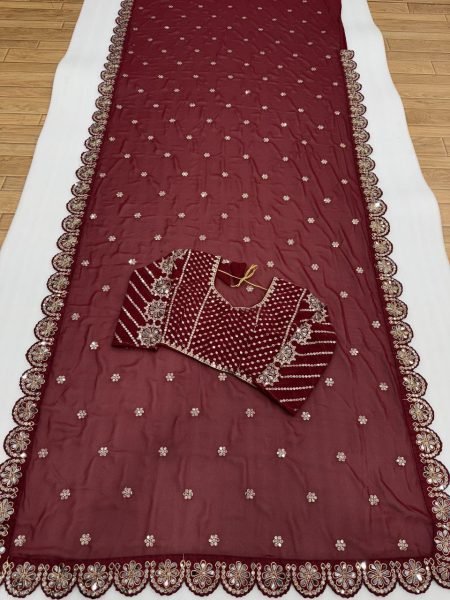 Wine Satin Georgette Saree with Heavy Mirror Work and Designer Blouse Perfect for Party Glam Georgette Sarees Wholesale