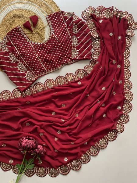 Wine Satin Georgette Saree with Heavy Mirror Work and Designer Blouse Perfect for Party Glam Georgette Sarees Wholesale