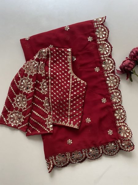 Wine Satin Georgette Saree with Heavy Mirror Work and Designer Blouse Perfect for Party Glam Georgette Sarees Wholesale
