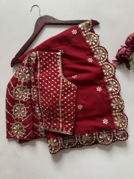 Wine Satin Georgette Saree with Heavy Mirror Work and Designer Blouse Perfect for Party Glam Georgette Sarees Wholesale