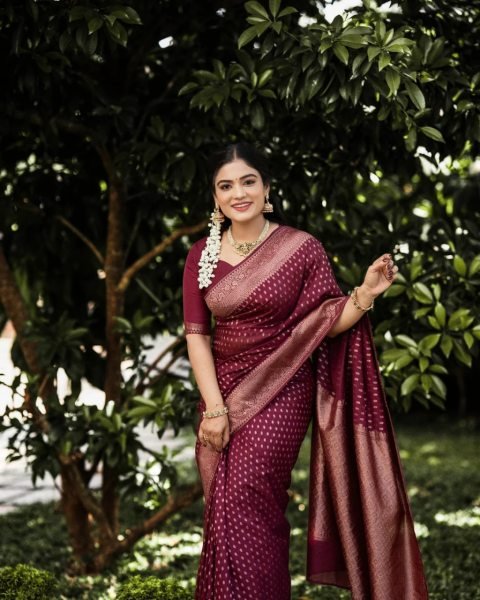 Wine Soft Silk Saree with Designer Blouse Elegant Look for Every Occasion Banarasi Saree Wholesale