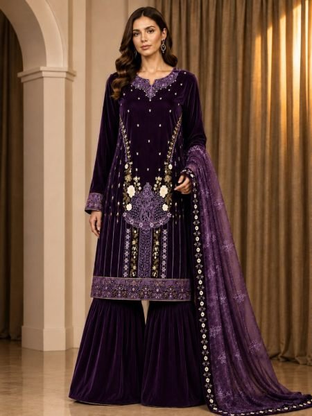 Wine Velvet Embroidered Top Palazzo Dupatta Set with 2 Meter Bottom Cut For Festival Wear 
