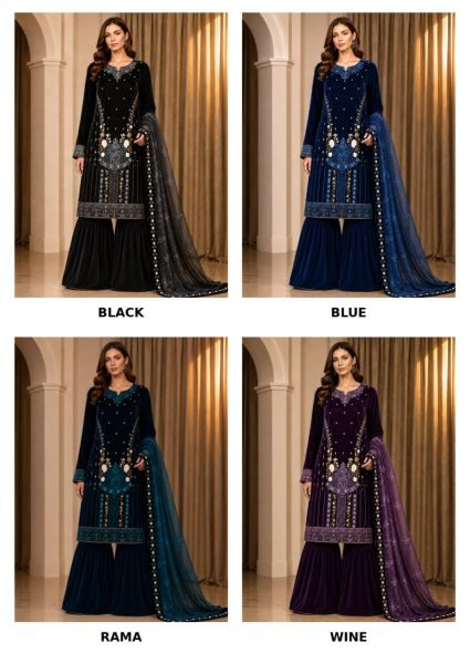 Wine Velvet Embroidered Top Palazzo Dupatta Set with 2 Meter Bottom Cut For Festival Wear Sharara Set