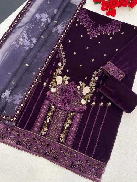 Wine Velvet Embroidered Top Palazzo Dupatta Set with 2 Meter Bottom Cut For Festival Wear Sharara Set