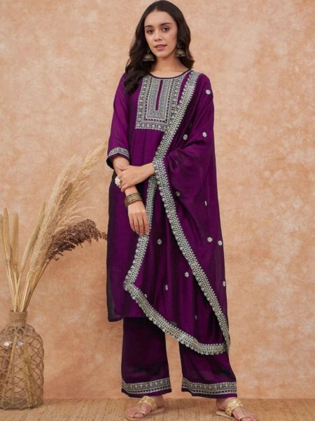 Wine Vichitra Silk Embroidered Kurta Pant Set with Dupatta 3pc Stitched Outfit Kurtis