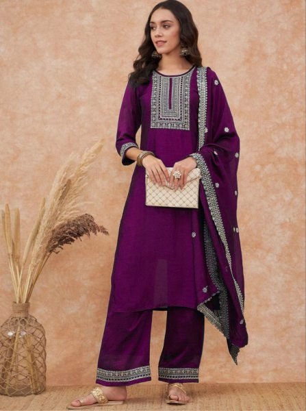 Wine Vichitra Silk Embroidered Kurta Pant Set with Dupatta 3pc Stitched Outfit 3 Piece Kurti Set