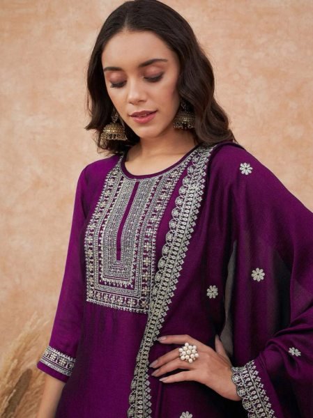 Wine Vichitra Silk Embroidered Kurta Pant Set with Dupatta 3pc Stitched Outfit 3 Piece Kurti Set
