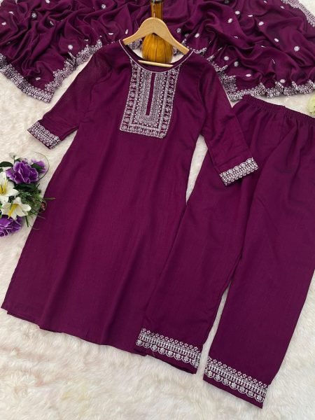 Wine Vichitra Silk Embroidered Kurta Pant Set with Dupatta 3pc Stitched Outfit 3 Piece Kurti Set