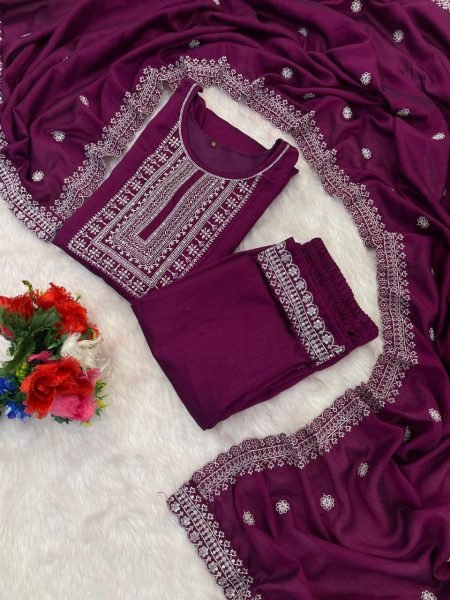 Wine Vichitra Silk Embroidered Kurta Pant Set with Dupatta 3pc Stitched Outfit 3 Piece Kurti Set