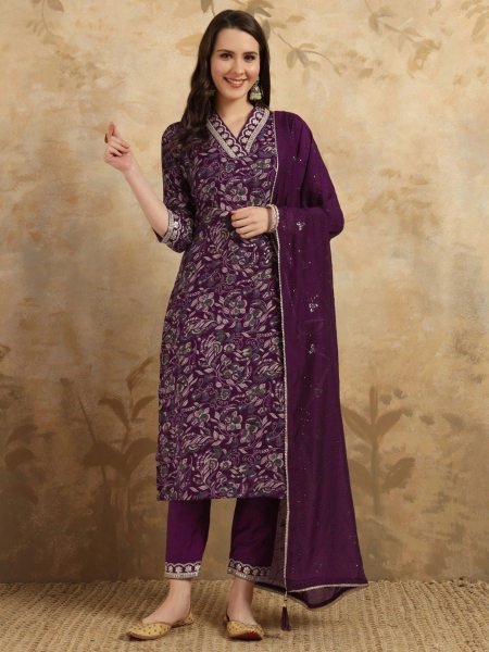 Wine  Viscose Chanderi Kurti Pant Set 
