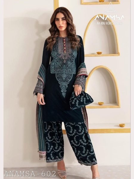 Winter Special Heavy Pure Velvet Suit set with Heavy Embroidery and Sequence work  Embroidery Suits Wholesale