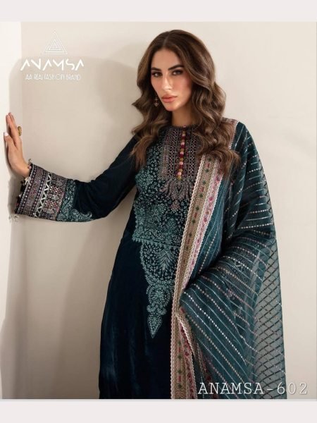 Winter Special Heavy Pure Velvet Suit set with Heavy Embroidery and Sequence work  Embroidery Suits Wholesale