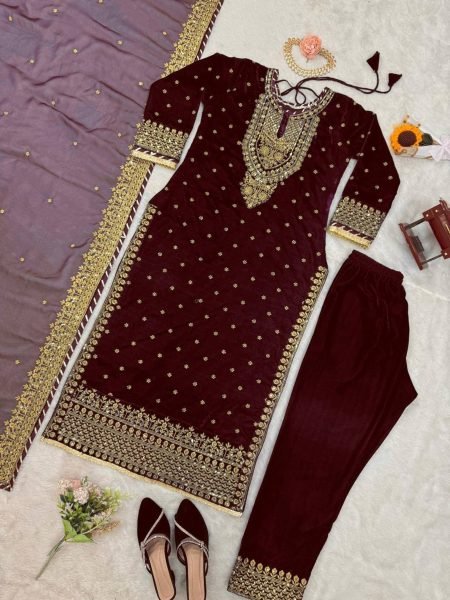 Winter Special Heavy  Viscos  Velvet  Suit Set with soft Net Dupatta Ready To Wear Collection