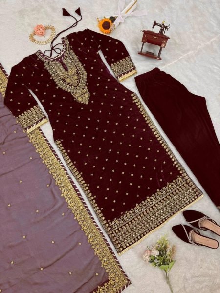 Winter Special Heavy  Viscos  Velvet  Suit Set with soft Net Dupatta Ready To Wear Collection