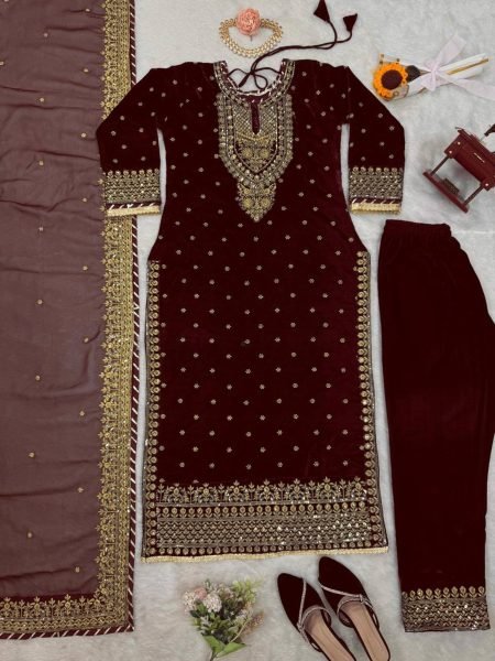 Winter Special Heavy  Viscos  Velvet  Suit Set with soft Net Dupatta Ready To Wear Collection