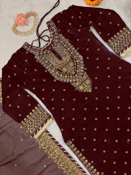 Winter Special Heavy  Viscos  Velvet  Suit Set with soft Net Dupatta Ready To Wear Collection
