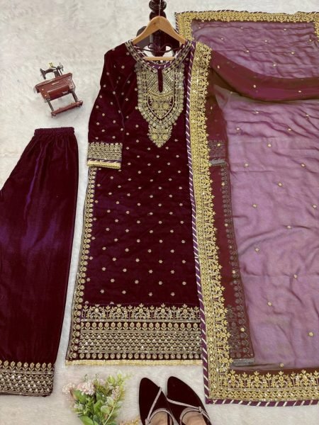 Winter Special Heavy  Viscos  Velvet  Suit Set with soft Net Dupatta Ready To Wear Collection