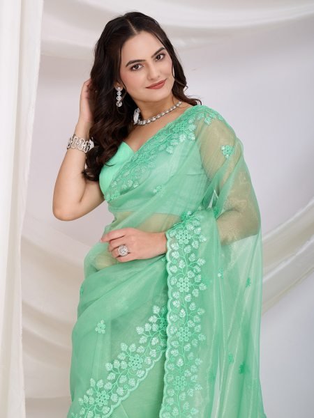 Women Beautiful Designer Embroidery Light Green Saree For Best Price   Embroidery Sarees Wholesale