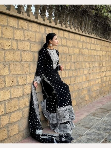 Women Black  Designer Foux Georgette  Embroidery and Sequence  work Sharara set Ready To Wear Collection
