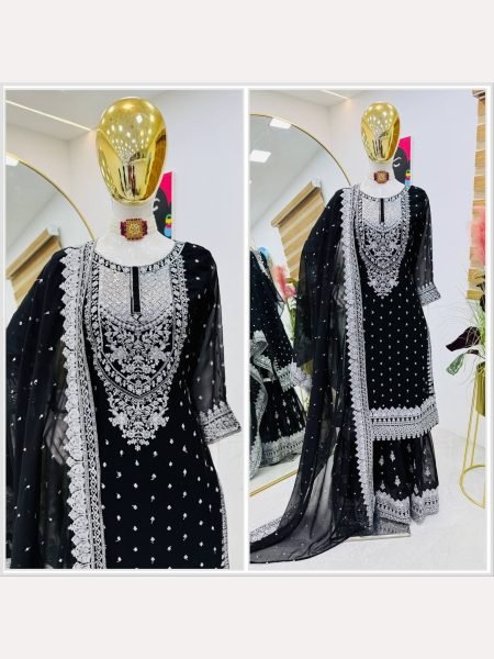 Women Black  Designer Foux Georgette  Embroidery and Sequence  work Sharara set Ready To Wear Collection