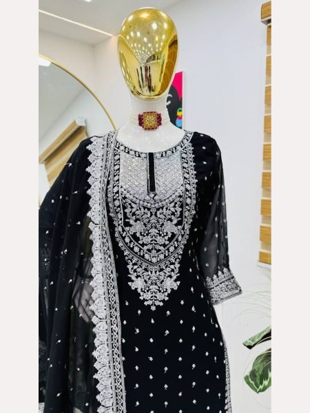 Women Black  Designer Foux Georgette  Embroidery and Sequence  work Sharara set Ready To Wear Collection