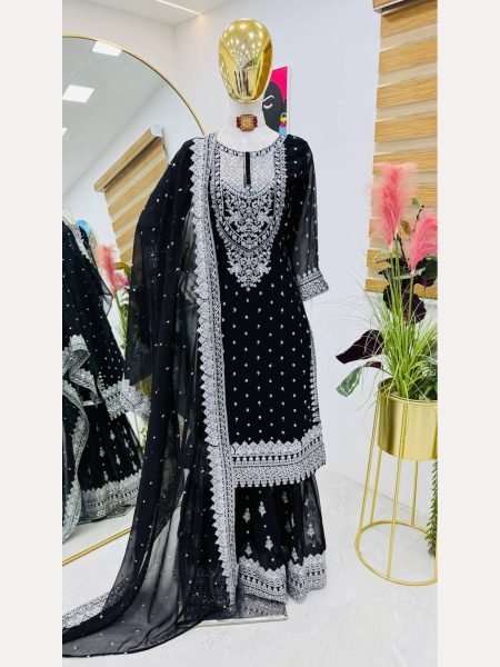 Women Black  Designer Foux Georgette  Embroidery and Sequence  work Sharara set Ready To Wear Collection