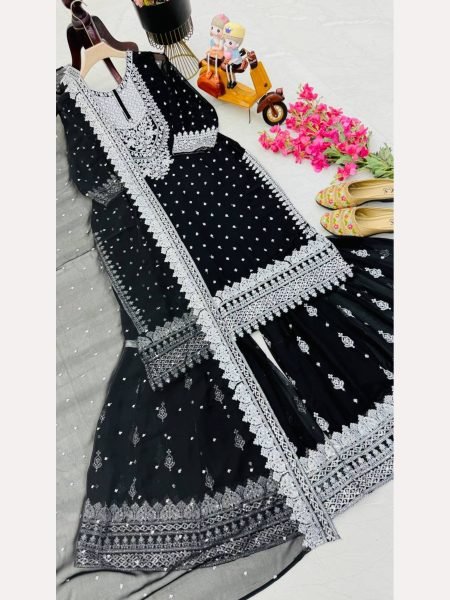 Women Black  Designer Foux Georgette  Embroidery and Sequence  work Sharara set Ready To Wear Collection