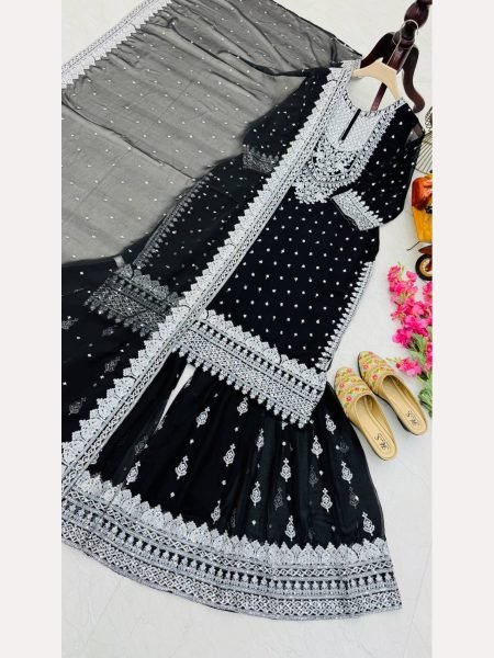 Women Black  Designer Foux Georgette  Embroidery and Sequence  work Sharara set Ready To Wear Collection