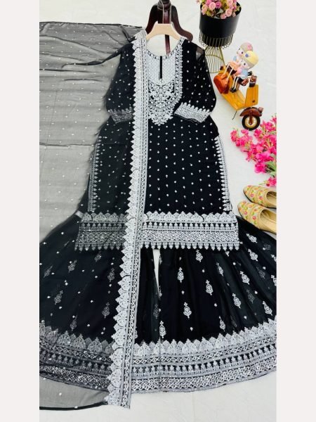 Women Black  Designer Foux Georgette  Embroidery and Sequence  work Sharara set Ready To Wear Collection