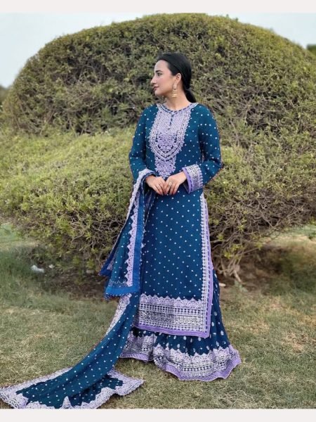 Women Blue Designer Foux Georgette  Embroidery and Sequence  work Sharara set Ready To Wear Collection