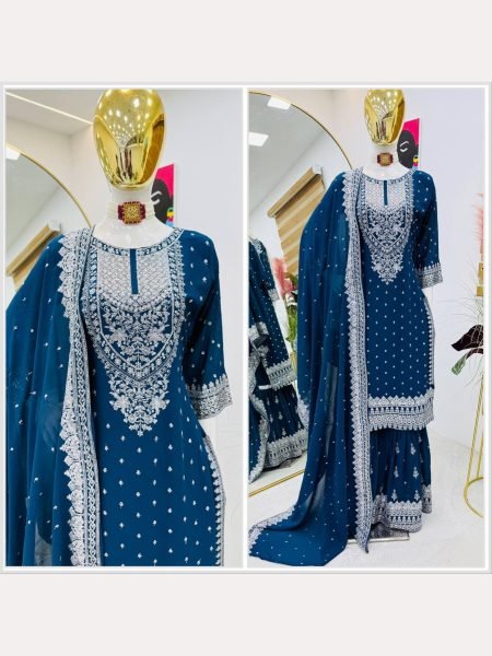 Women Blue Designer Foux Georgette  Embroidery and Sequence  work Sharara set Ready To Wear Collection