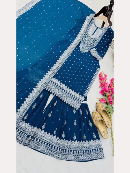 Women Blue Designer Foux Georgette  Embroidery and Sequence  work Sharara set Ready To Wear Collection