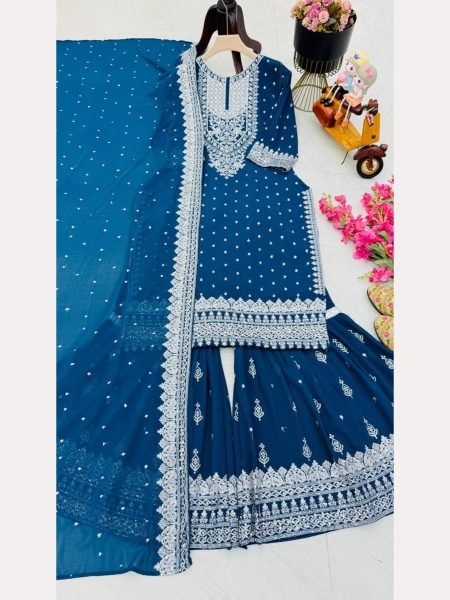 Women Blue Designer Foux Georgette  Embroidery and Sequence  work Sharara set Ready To Wear Collection
