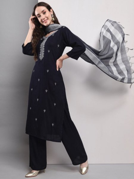 Women Cotton Kurta Pant With Chanderi Dupatta 3 Piece Kurti Set
