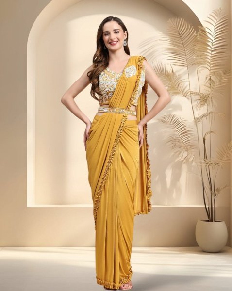 Women Embellished Pre-Stitched Saree with Contrast Border Ready To Wear Saree 