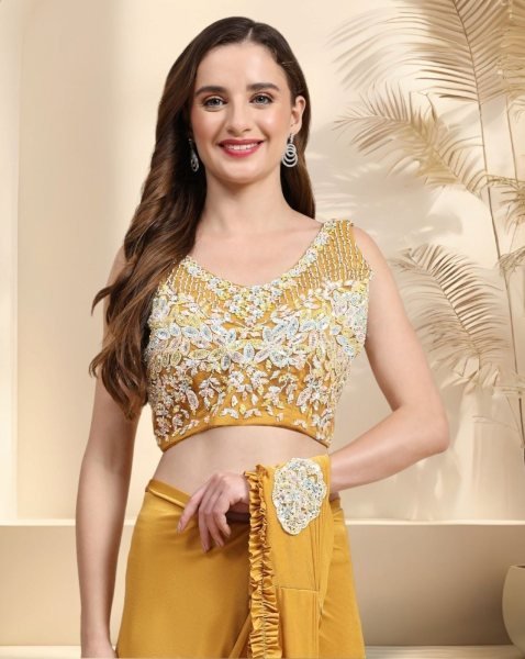 Women Embellished Pre-Stitched Saree with Contrast Border Ready To Wear Saree 