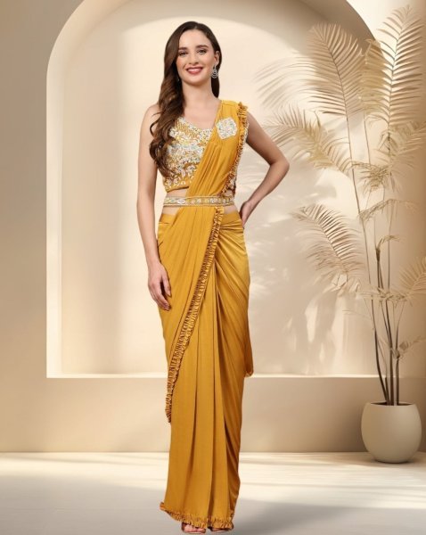 Women Embellished Pre-Stitched Saree with Contrast Border Ready To Wear Saree 