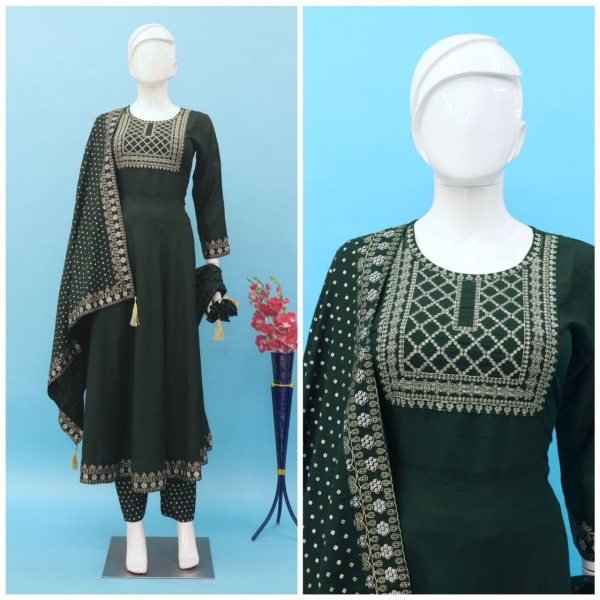 Womens Heavy Rayon Embroidered Kurta With Pant And Dupatta 3 Piece Kurti Set