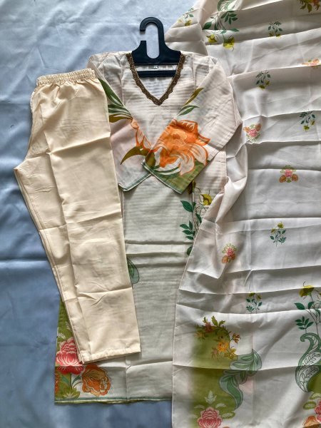 Light Peach Muslin Silk Thread Work Kurta Set with Pant and Printed Dupatta Festive Wear Collection 3 Piece Kurti Set