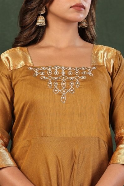  Women Golden Silk Blend Anarkali Kurta Set With Dupatta And Embroidered Neckline.  Embroidery Kurtis 