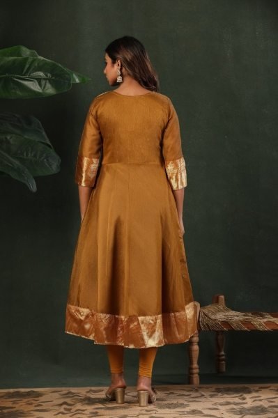  Women Golden Silk Blend Anarkali Kurta Set With Dupatta And Embroidered Neckline.  Embroidery Kurtis 