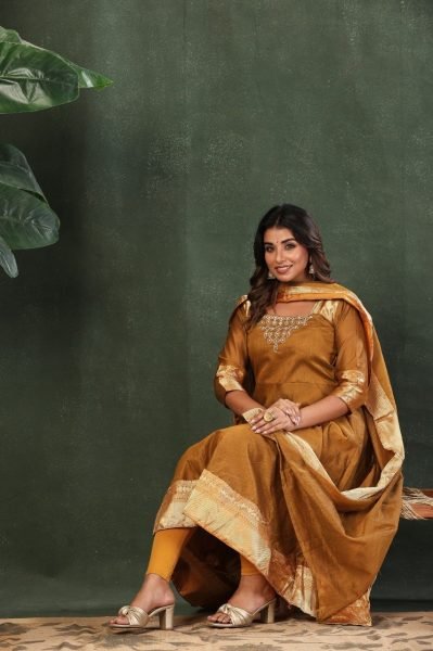  Women Golden Silk Blend Anarkali Kurta Set With Dupatta And Embroidered Neckline.  Embroidery Kurtis 