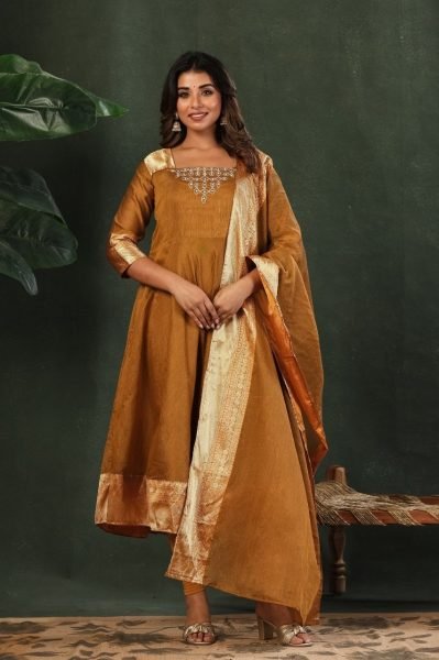  Women Golden Silk Blend Anarkali Kurta Set With Dupatta And Embroidered Neckline.  Embroidery Kurtis 