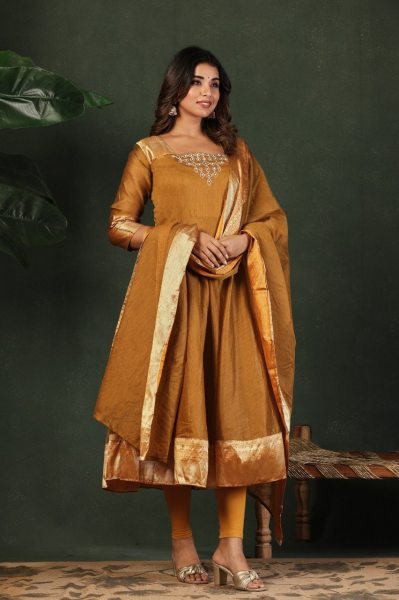  Women Golden Silk Blend Anarkali Kurta Set With Dupatta And Embroidered Neckline.  Embroidery Kurtis 