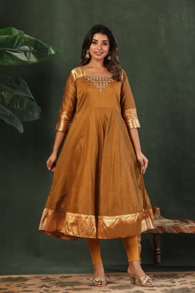  Women Golden Silk Blend Anarkali Kurta Set With Dupatta And Embroidered Neckline.  Embroidery Kurtis 
