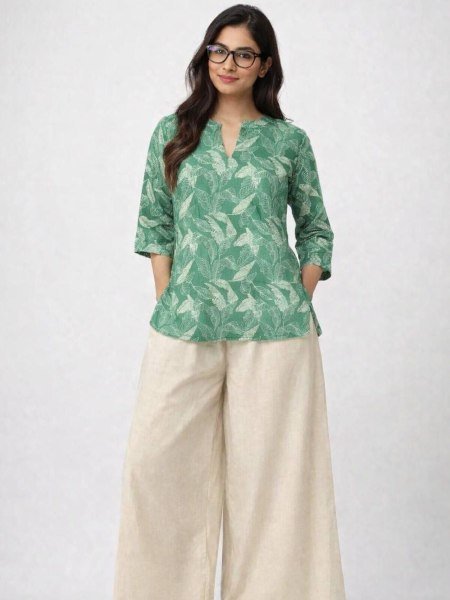 Women Green And Off White Botanical Print Rayon Slub Tunic Top and Trouser Set  Kurtis