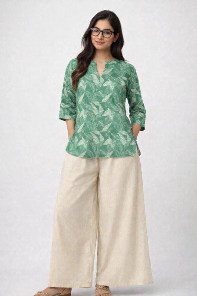 Women Green And Off White Botanical Print Rayon Slub Tunic Top and Trouser Set  CO ORD Sets