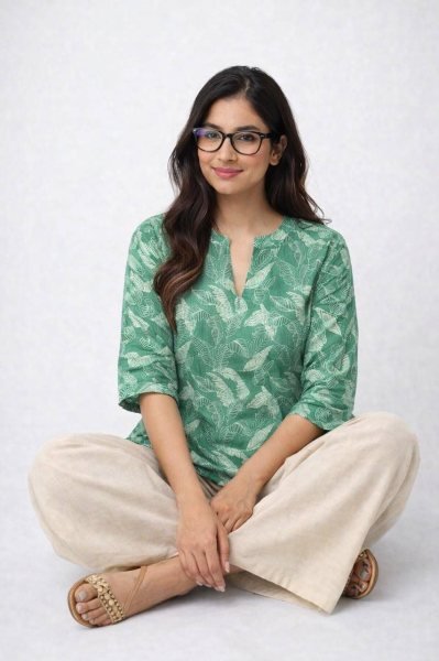 Women Green And Off White Botanical Print Rayon Slub Tunic Top and Trouser Set  CO ORD Sets